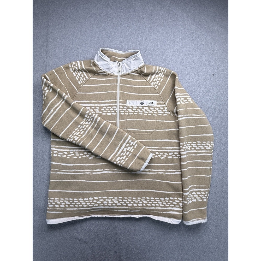 The North Face Men's L 1/4 Zip Fleece Pullover Tan White Striped Outdoor Sweater